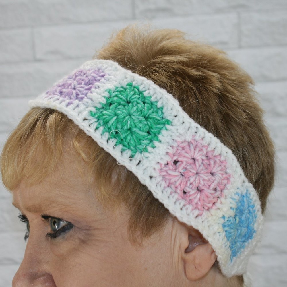 HAND CRAFTED Headband Crochet Head Scarf Boho Pastel Granny Square Retro - Picture 3 of 13